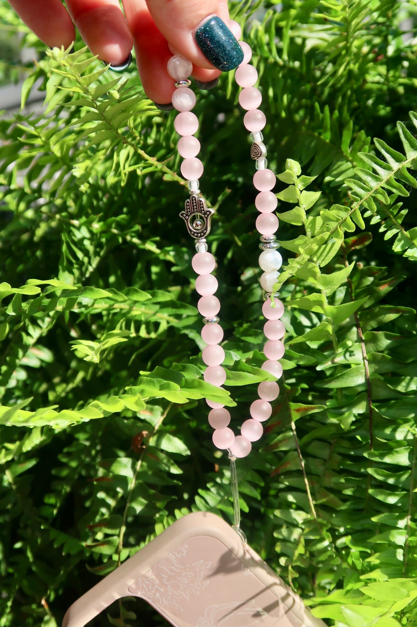 SUNSTONE & PASTEL PINK GLASS BEAD PHONE CHARM