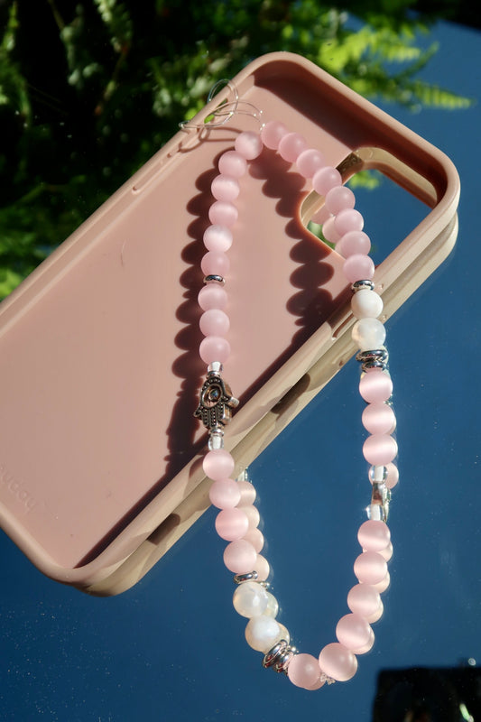 SUNSTONE & PASTEL PINK GLASS BEAD PHONE CHARM